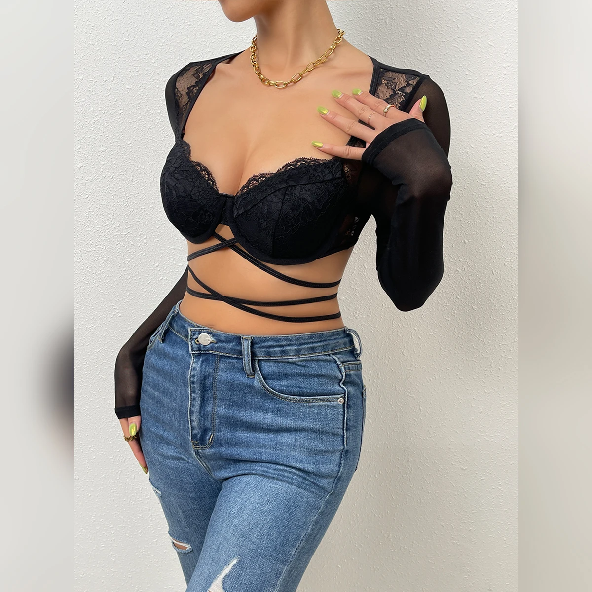 Vemina Fashion V-Neck Hollowing Mesh See Through Crop Tops Long Sleeve,Sexy Bandage Lace Embroidery Women Bodycon Slim Blouses