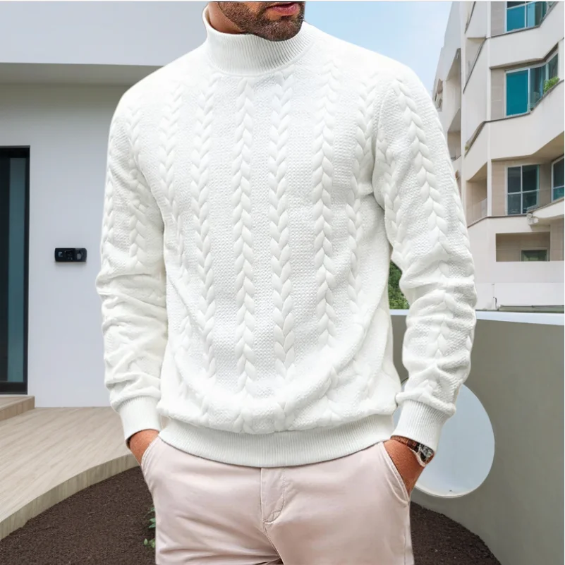 เสื้อสเวตเตอร์ผู้ชายสไตล์ใหม่ประจำฤดูใบไม้ร่วง-ฤดูหนาว ปี 2025 สีพื้นเรียบง่าย สไตล์ลำลอง คอเต่า ลายแจ็คการ์ด แฟชั่นย้อนยุค อุ่นสบาย