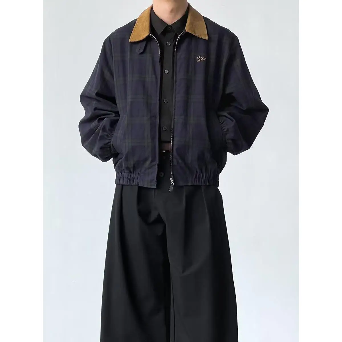 

Retro Plaid Patchwork Collar Jaet Men's Long Sve Loose Fit Autumn Winter Commute Comfortable Youth Faion Outerwear