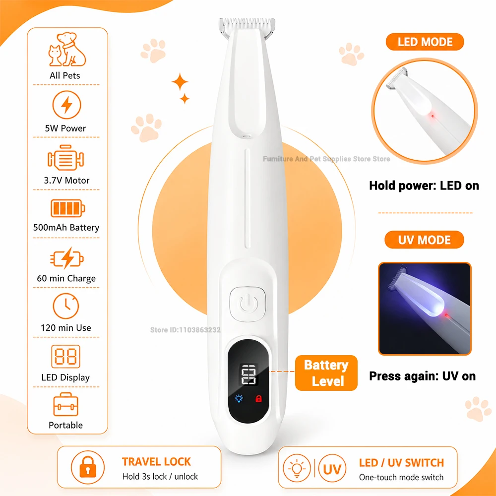 Pet Dog Electric Beauty Trimmer Waterproof Pet Foot Hair LED/UV Light Trimmer Low Noise Cat Dog Face Foot Ear Hip Claw Shaver gallery 4