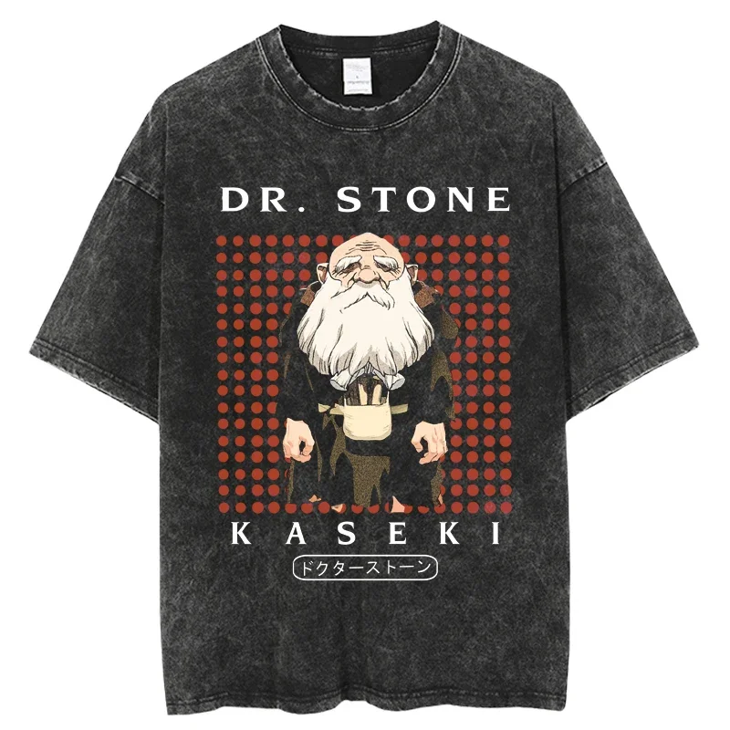 Punk Dr Stone Vintage Washed Tshirts for Men Digital Printing Anime Graphic T Shirt High Quality Women Harajuku Oversize Tee