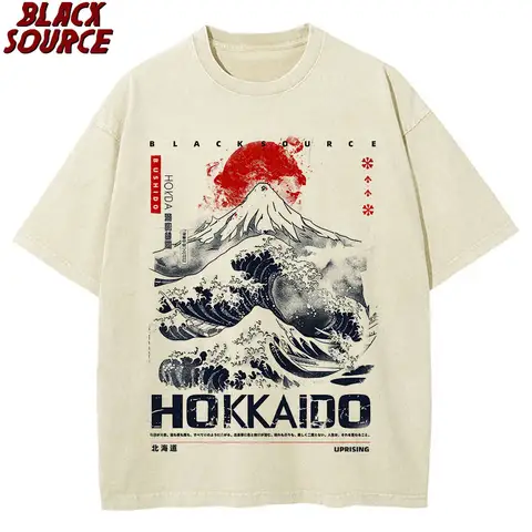 Japanese Wave T494 Japanese Retro Wave Graphic Tee Unisex Harajuku Streetwear High Quality Oversized Cotton T-Shirt Summer Casual Top