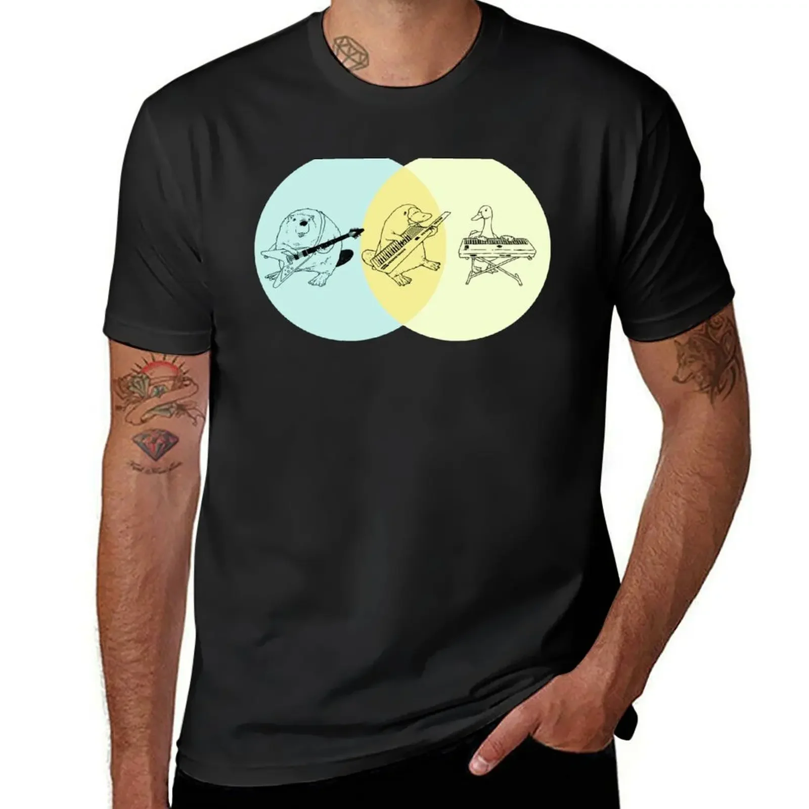 Keytar Platypus Venn Diagram - Blue Orange Yellow T-Shirt summer clothes Aesthetic clothing Men's clothing