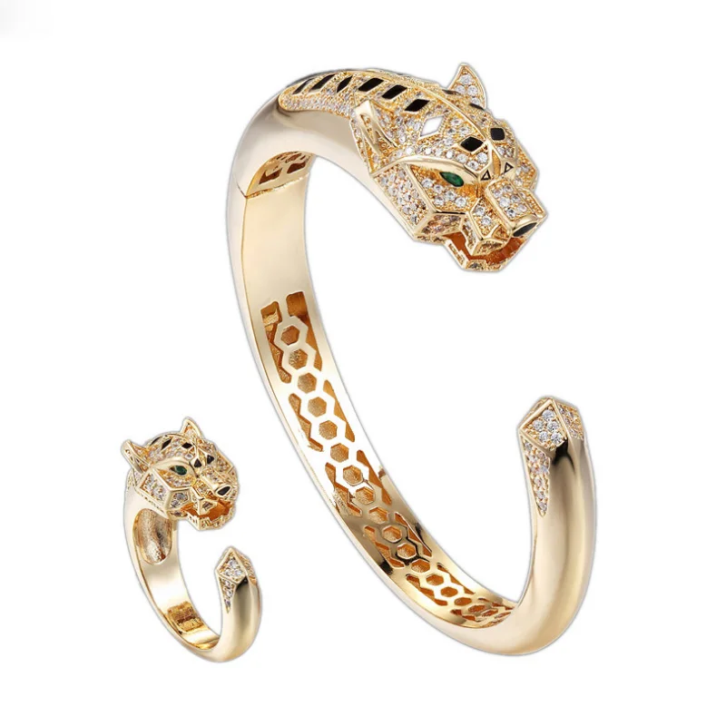 

Leopard Print Titanium Steel Zircon Micro-Inlaid Retro Open Bracelet Ring Set European American Fashion Personality Luxury