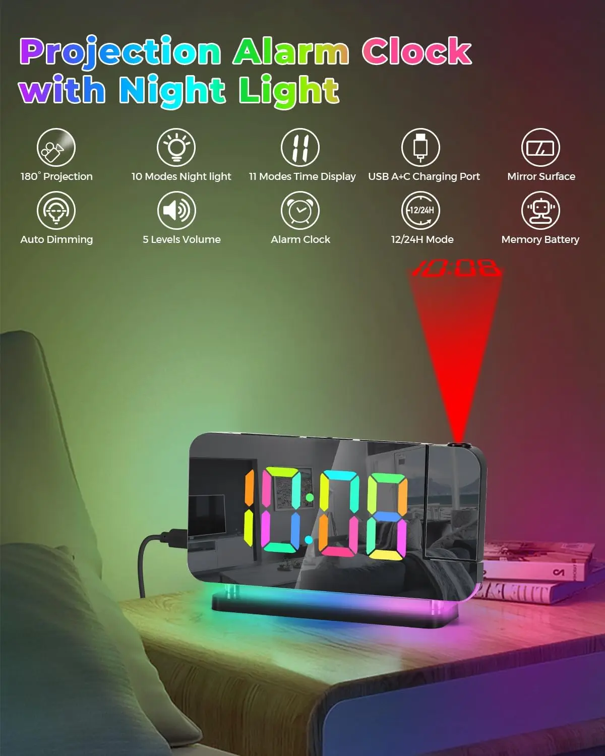 RGB Projection Alarm Clock Digital Mirror Clock with 180° Rotatable Projector RGB Night Light Auto Dimmer LED Desk Bedside Clock