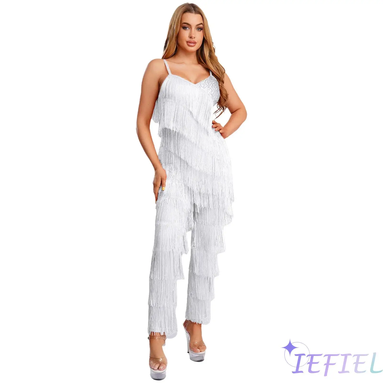 

Womens Elegant Tango Dance Performance Unitard with Strategic Fringe Placement Cha-cha Salsa Dance Wear for Latin Rumba Dance