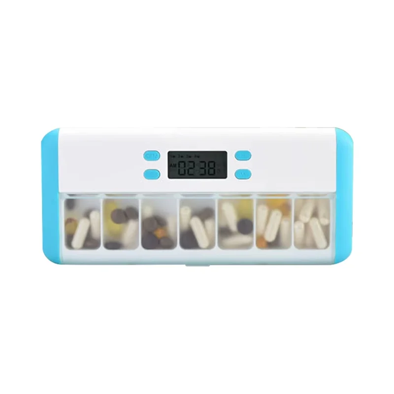 Smart Pill Organizer Electronic Timing Reminder Storage Case Timer Weekly Pills Container Alarm Box For Traveling Blue White