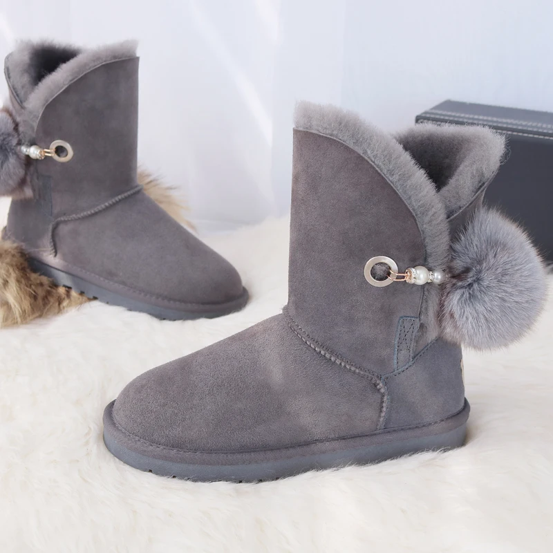 G&Zaco Genuine Sheepskin Boots Shoes Women Leather Wool Snow Boots Australia Mid-Calf Sweet Fox Fur Ball  Winter Women\'s Boot