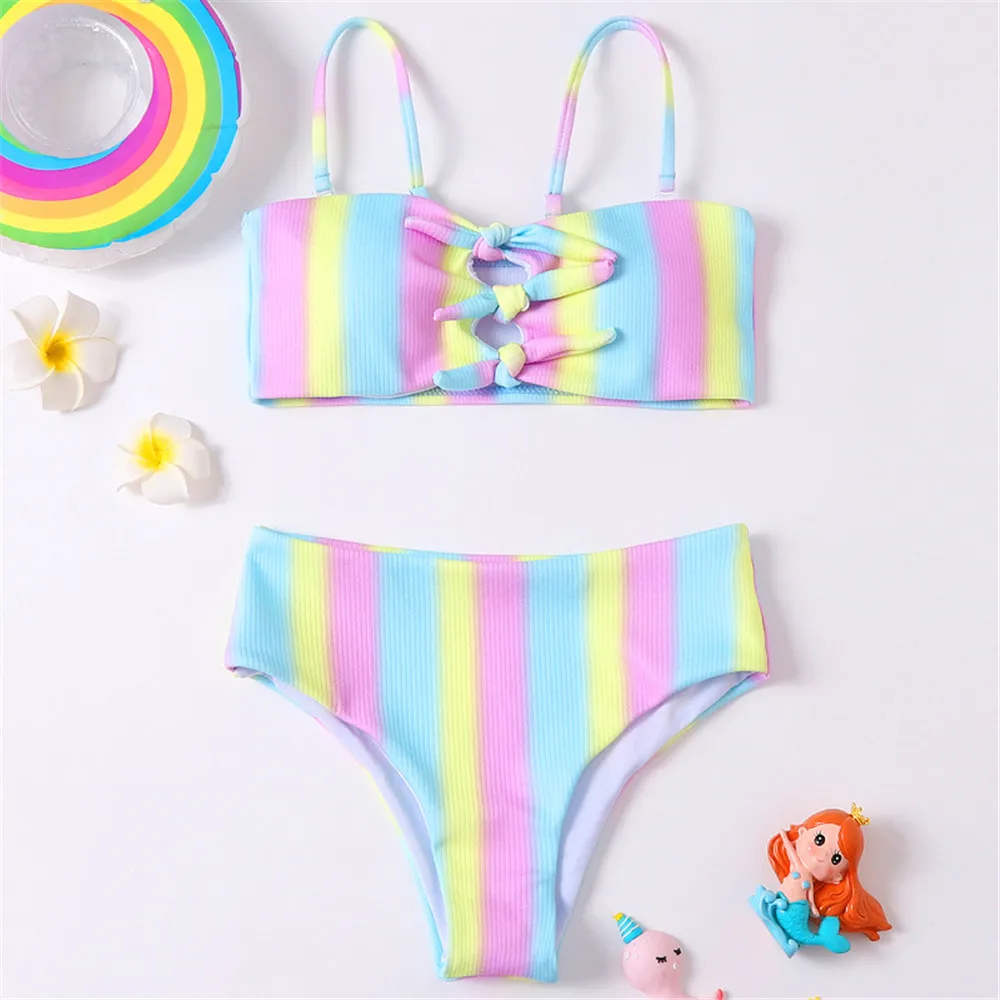 Rainbow Print Girls Kids Swimsuit Swimwear New Summer Kid Bandage Bikinis 2024 Children Baby Bandage Biquini Infantil Beachwear