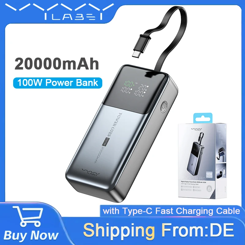 Batterie externe portable Vyvylabs 100W 20000mAh grande capacité avec câble USB-C intégré, chargeur rapide PD pour ordinateur portable, tablette, iPhone 17 16 Pro Max, Samsung S25 S24, Xiaomi