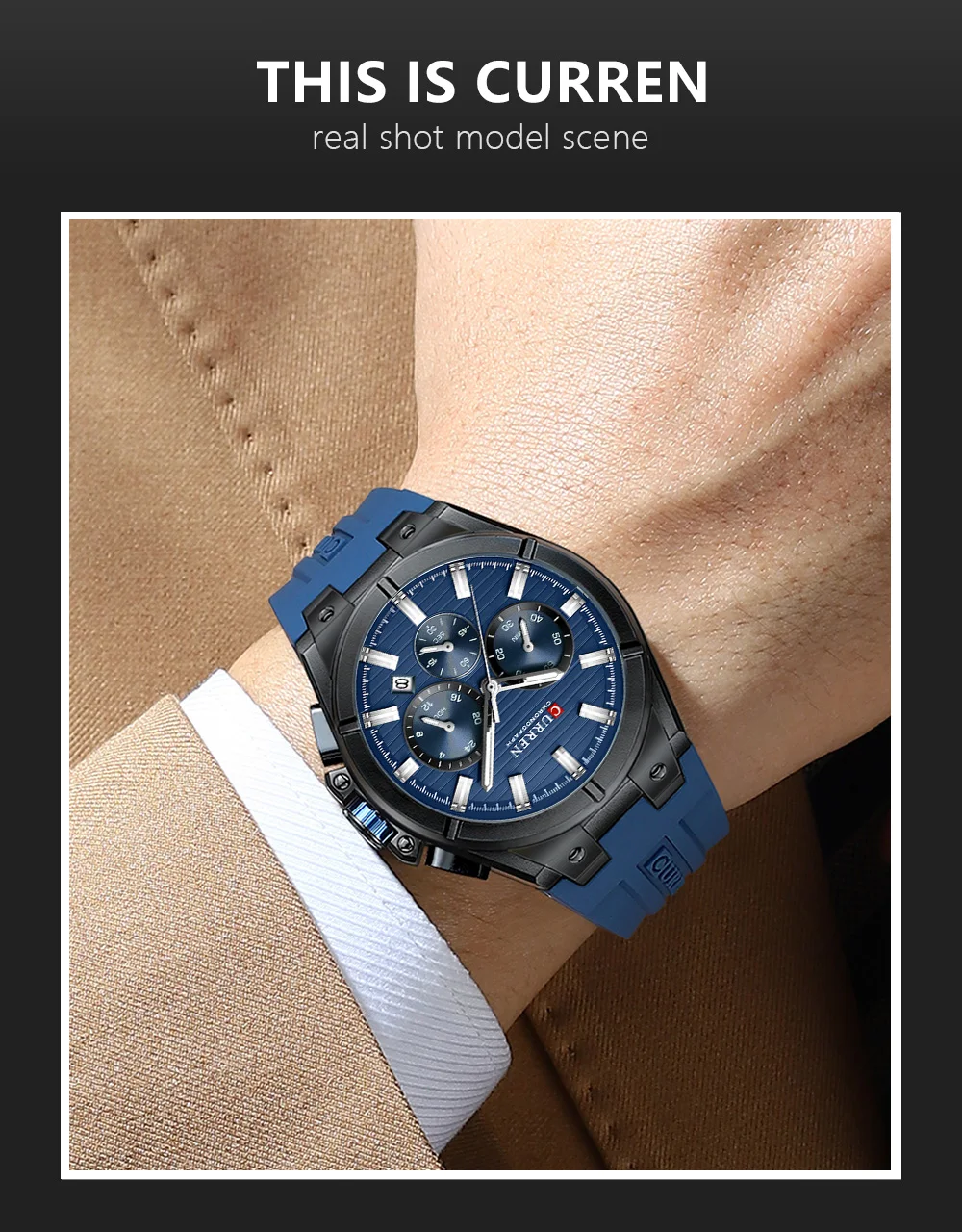 CURREN Herren-Luxus-Chronographenuhr mit 44-mm-Gehäuse, modische Quarz-Armbanduhr, lässiges Sport-Silikonarmband mit automatischem Datum. – Detail 8