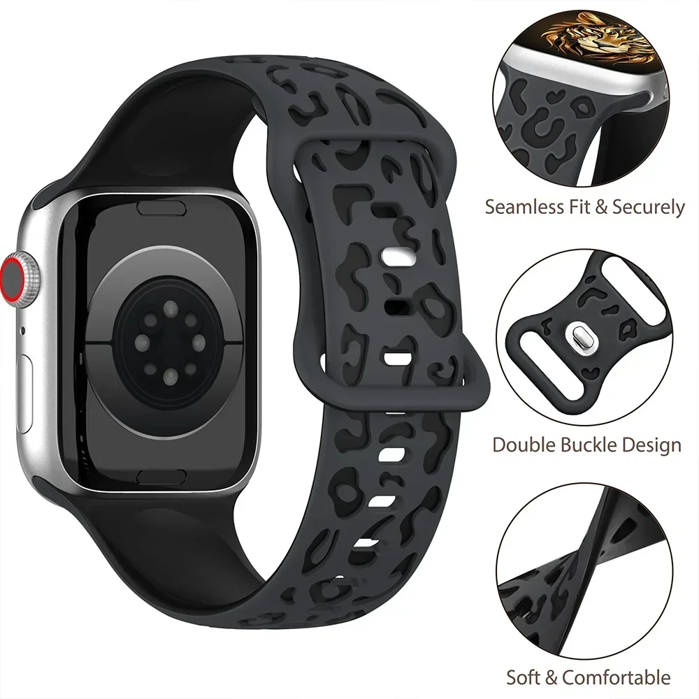 Engraved Leopard Strap For Apple Watch Band ultra2 49mm 45mm 44mm-42-46mm 41mm-40mm Silicone bracelet Series 10 9 8 7 se 3 6 5 4