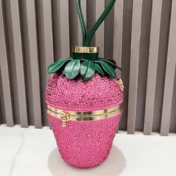 Le più nuove pochette di cristallo da donna stile fragola fatte a mano con diamanti abbellimento borsa a mano secchio a tracolla singola