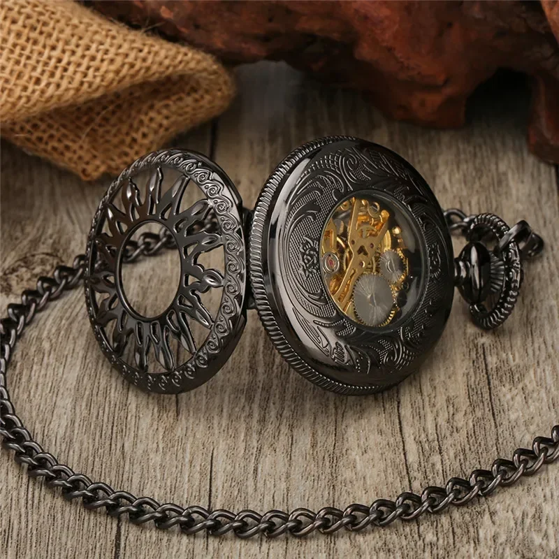 Bronze Hollow Sun Flower Black Hand Winding Mechanical Watch Pocket Watch Roman Numerals Chain Pendant Clock Relgio de bolso