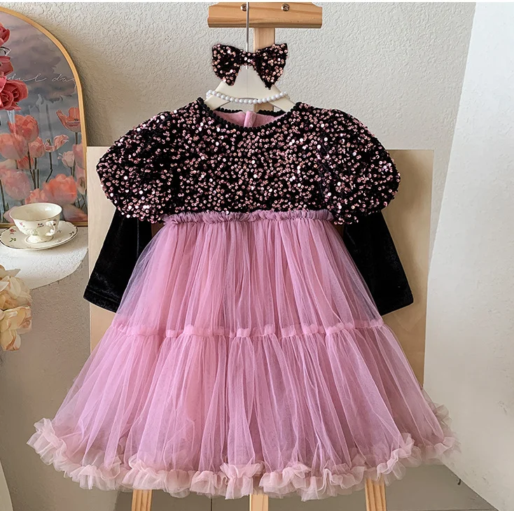 Retail New Baby Girls Boutique Pink Sequined  Fleece  Mesh Tutu  Flower Dress, Princess Kids  Elegant Party Birthday Dress 3-7T