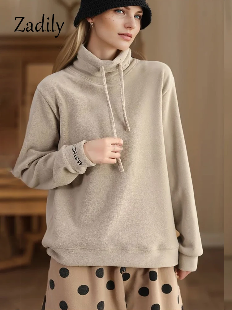 2024 Winter Casual Polar Fleece Turtleneck Women Hoodies Solid Color Warm Pullovers Minimalist Thick Female Coat Clothing