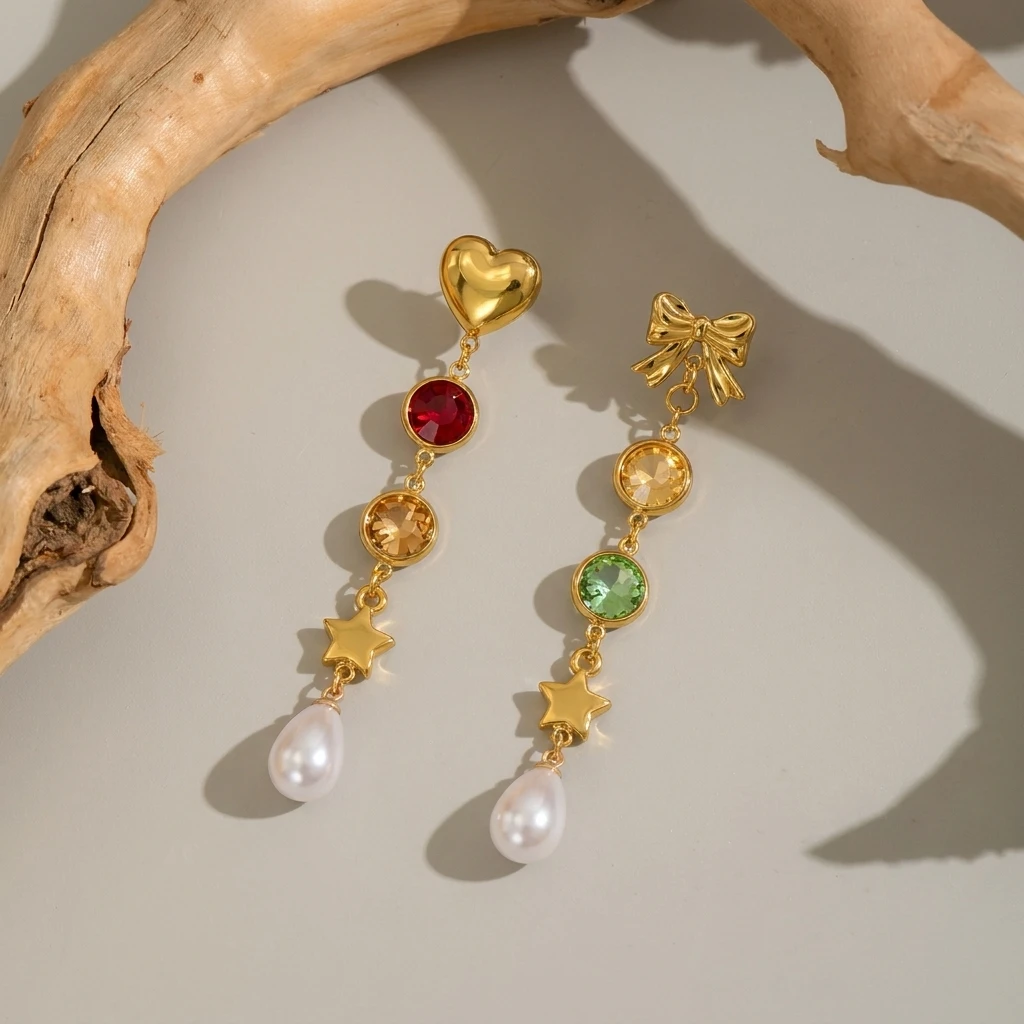 Edelstahl Sonne-Mond Asymmetrische Quasten-Ohrringe für Frauen Bunte Zirkonia Lange Hängeohrringe Party Alltags-Schmuck – Detail 5
