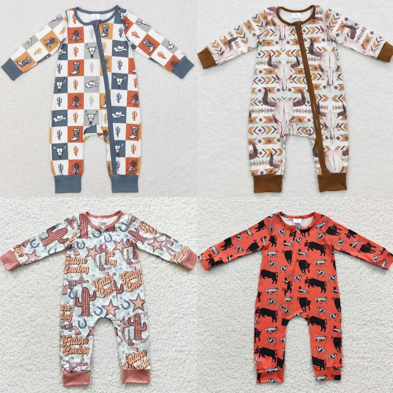 

Wholesale Baby Boy Toddler Western Romper Cow Print Kids Cactus Zipper One-piece Newborn Coverall Bodysuit Long Sleeves Jumpsuit