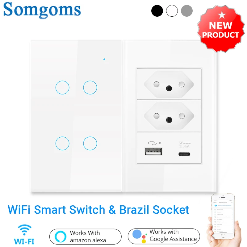 

WiFi Smart Light Touch Switch Remote Control Smart Life/Tuya App Control,Alexa Google Home Voice Control US 2/3 Way，Brazil socke