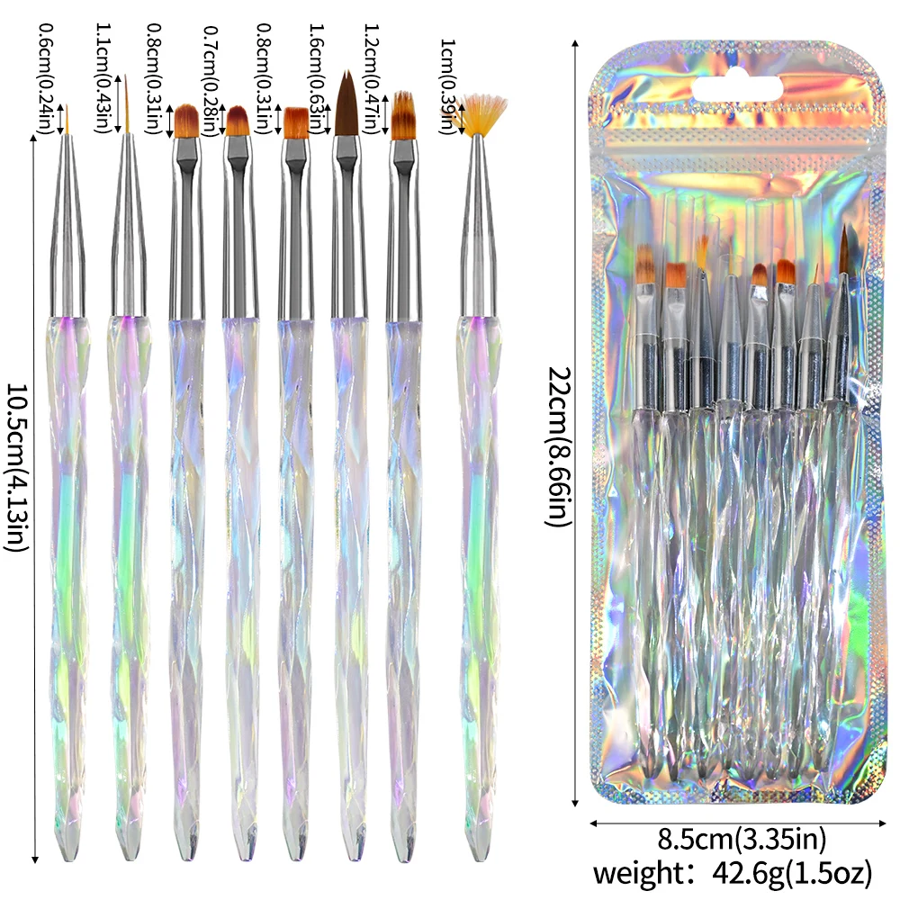 Aurora Iridescent Nail Art Painting Pens for Nail Design, Soft, Slender Brush, Gradient Gel Drawing, DIY Pinceau, #0.6-1.6cm, 8 Pcs, 9Pcs