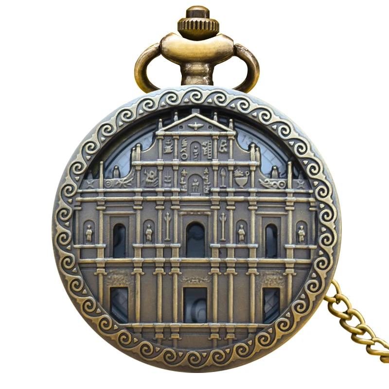 Винтажные Бронзовые китайские руины храма святого Павла кварцевые карманные часы с ожерельем подарок универсальные для мужчин и женщин студентов