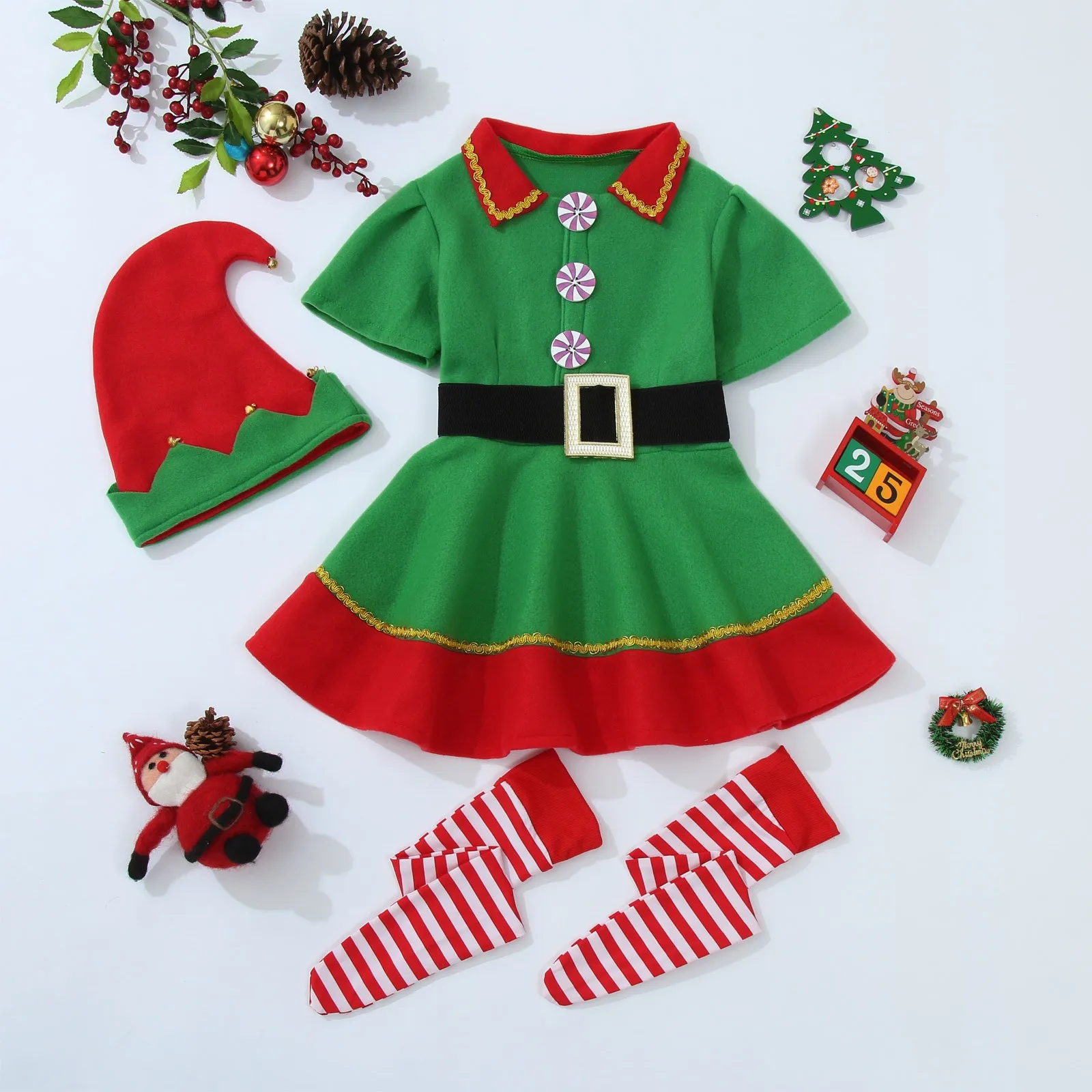 Christmas Child Costume Green Elf Cosplay Carnival Party New Year Fancy Dress Clothes Set For Girls Party Performance Clothing