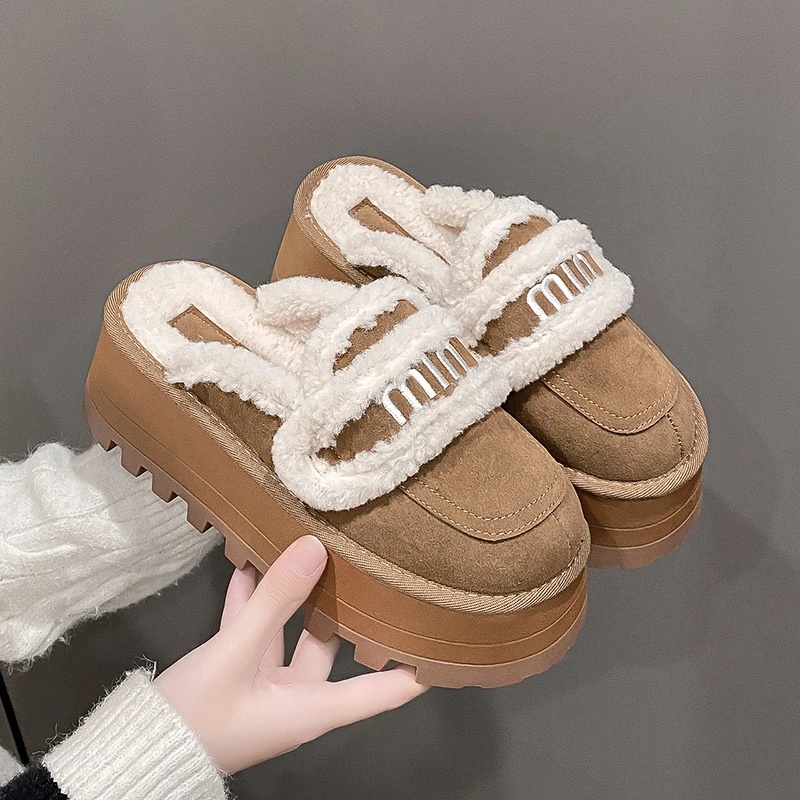 

2024Autumn/Winter New Thick Bottom Baotou Slippers for Women with Velvet Warm Buckle and Sponge Bottom Cotton Slippers for Women