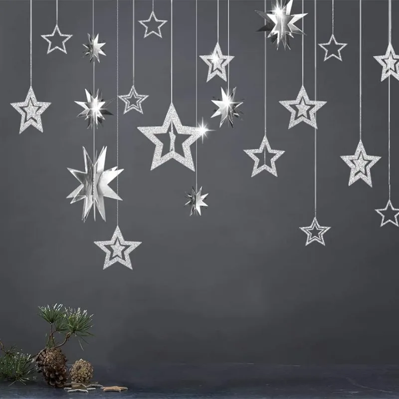 

3sets Silver Star Garlands 3D Star Decorations Hanging Paper Garland Twinkle Star Birthday Graduation New Year Party Supplies