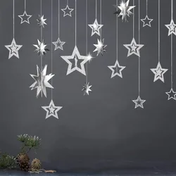 Silver Star Garland Party Decorations 3D Stars Paper Bunting Banner for Holiday Birthday Wedding Baby Shower Hanging Decorations