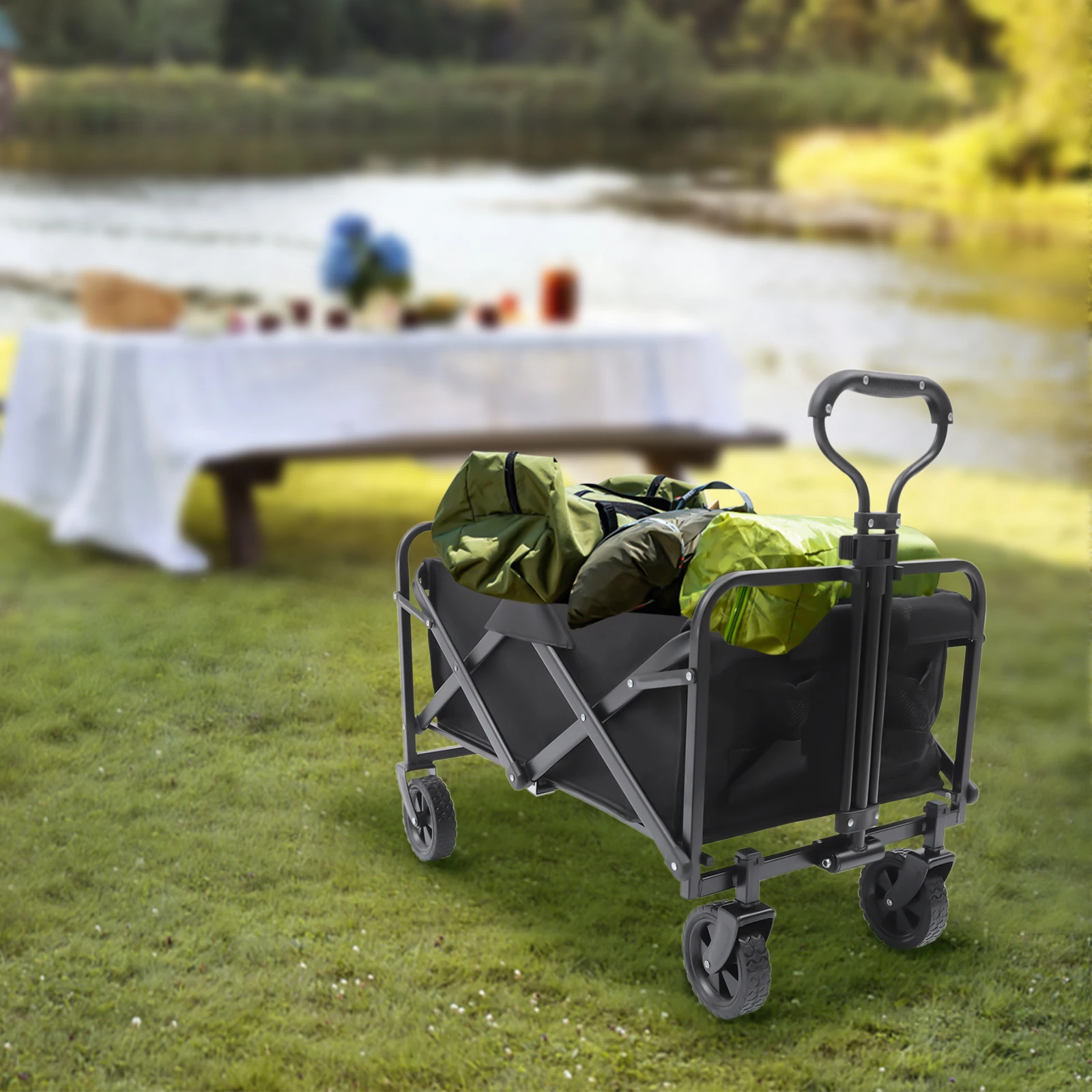 Black Collapsible Folding Wagon Garden Cart Utility Wagon Beach Wagon with 5