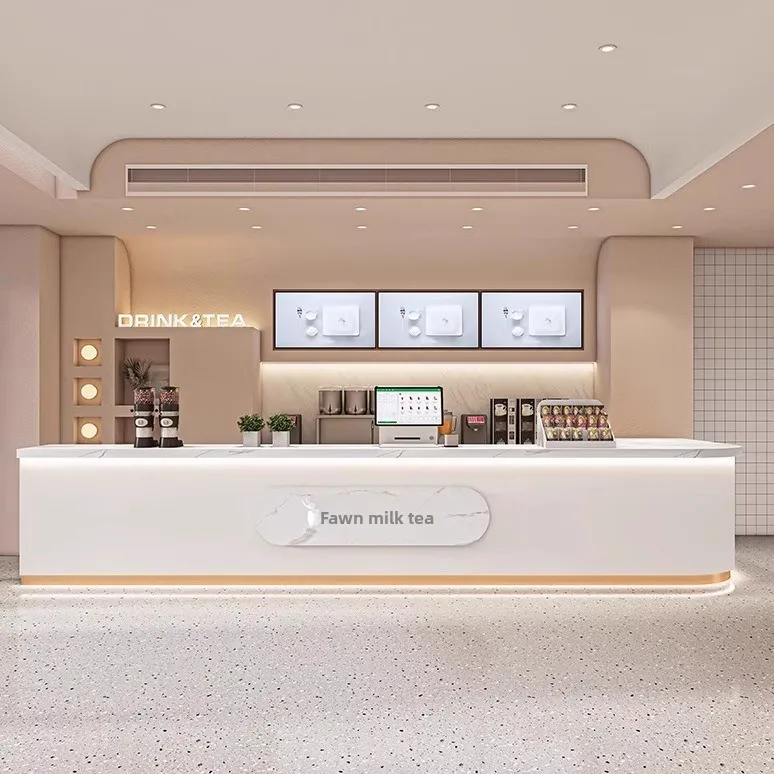 

Simple modern milk tea shop cake dessert shop checkout page cafe bar reception desk corner
