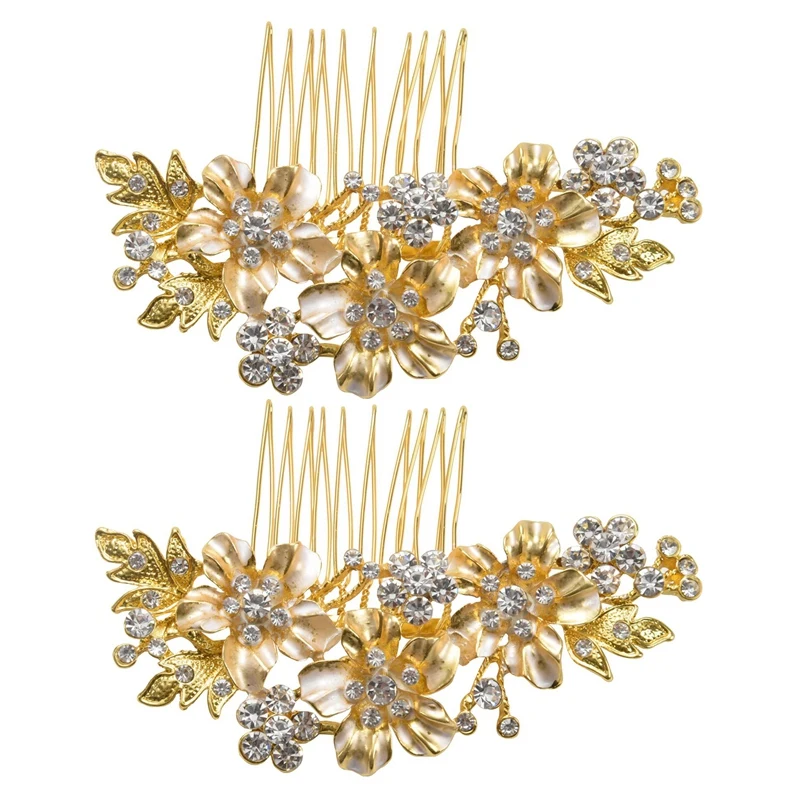 

2X Wedding Bridal Hair Combs Vintage Imitation Crystal Hairpins Prom Jewelry Flower Pattern Hair Accessories Women Gold