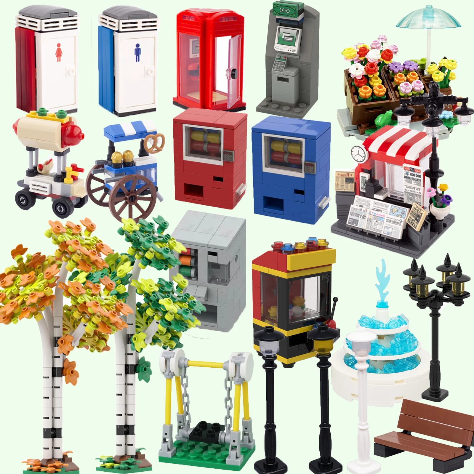MOC-bloques de construcción de escena de la serie City, tienda de flores, jardín, álamo blanco, baño para hombres, juguetes DIY para niños, banco de parque, lámpara de calle, juguetes