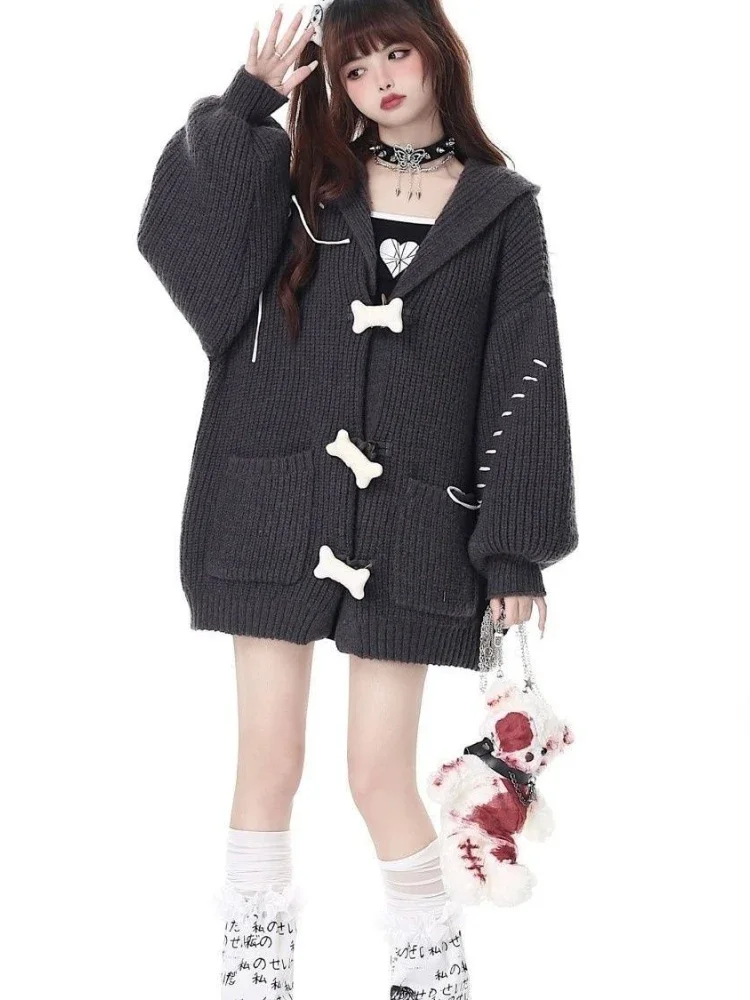 Deeptown Y2K Harajuku schwarz übergroße Strickjacke Frauen Grunge Kpop grau Strick pullover Herbst Winter Kapuze Strick jacke Jacken