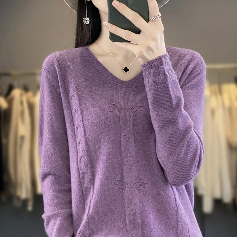 

2024 New Autumn and Winter Cashmere sweater women pullover casual V-Neck solid Cashmere sweater women