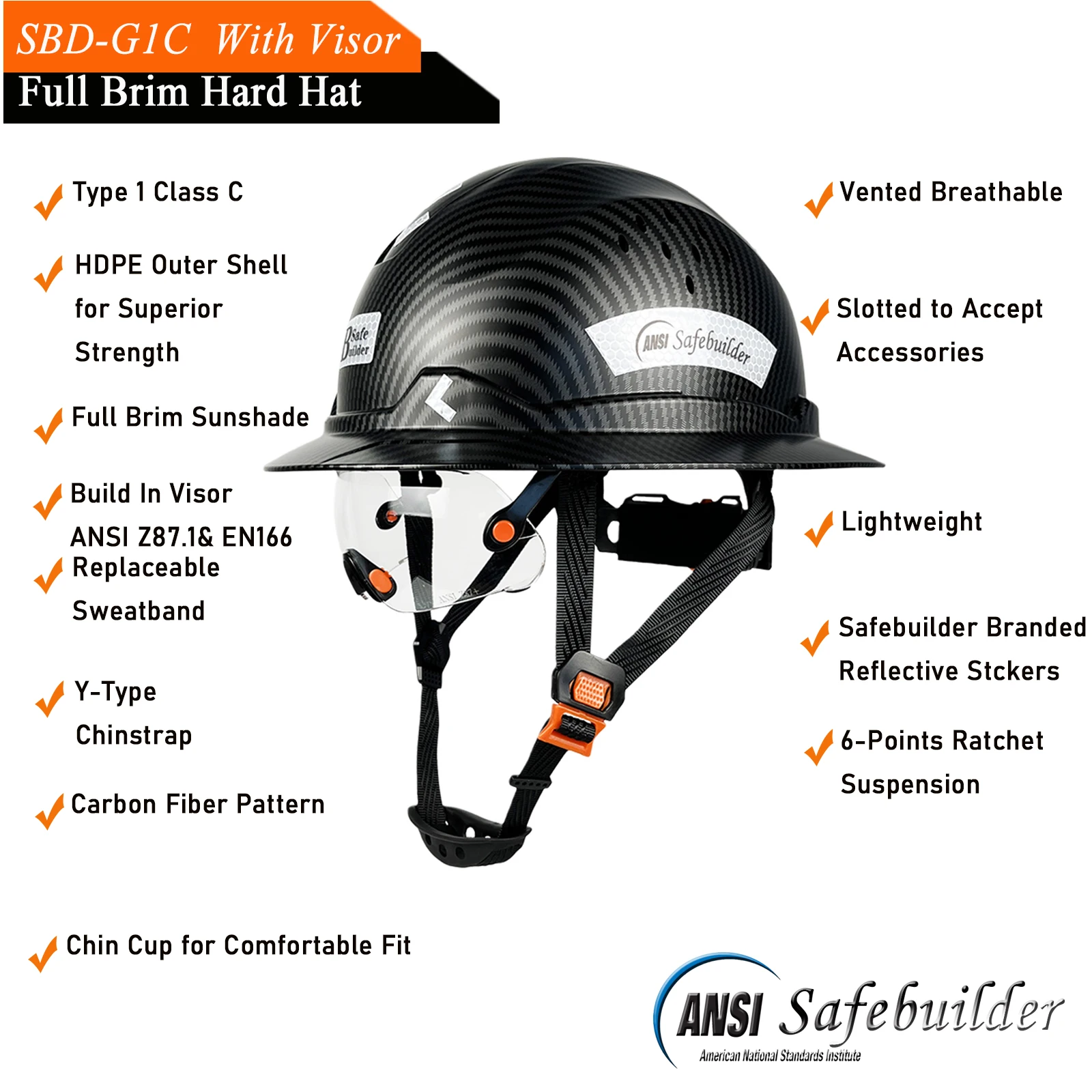 Full Brim Hard Hat With Visor For Engineer Safety Helmet With Goggles Reflective ANSI Head Protection Industrial Construction