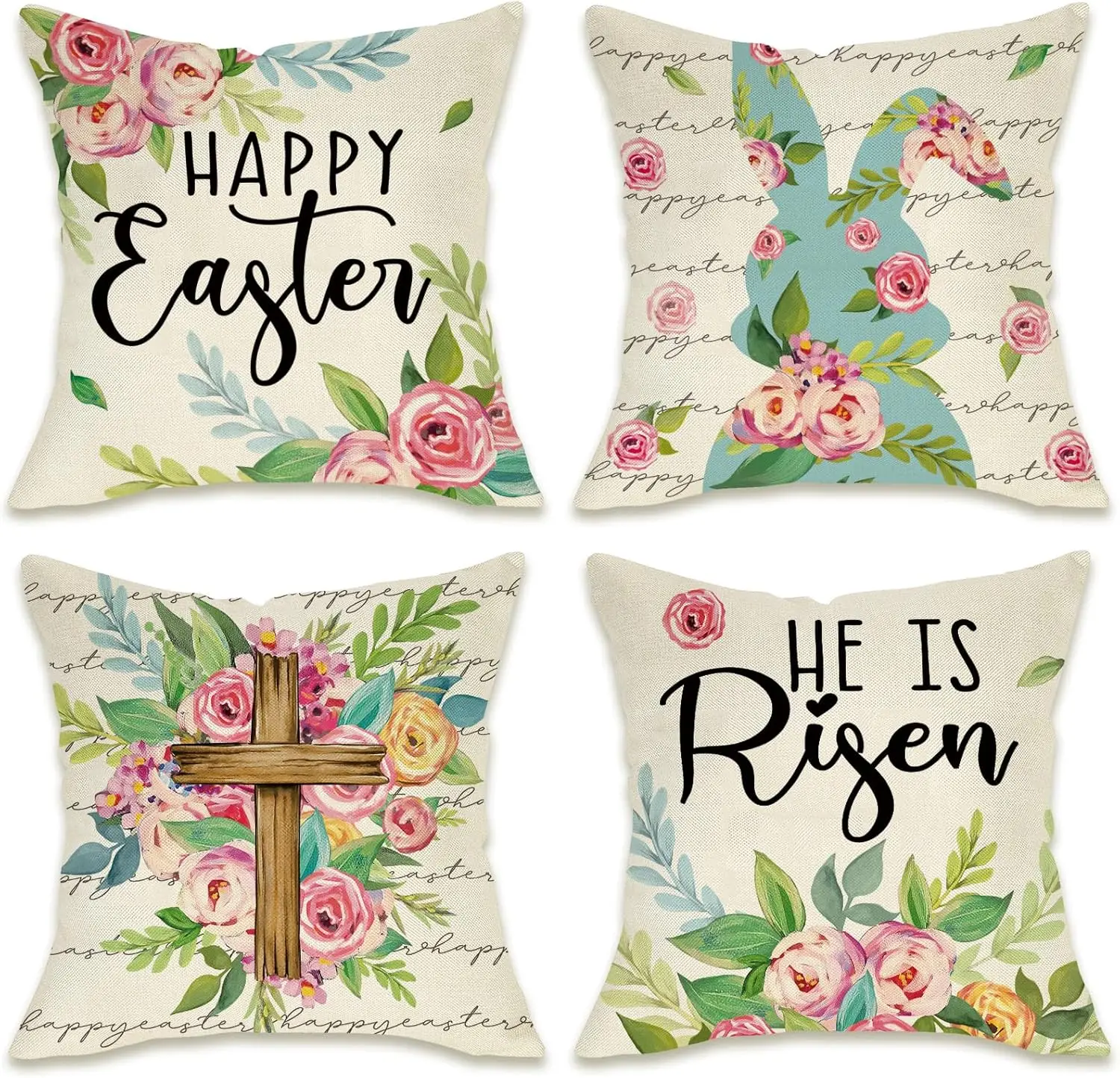 Happy Easter Bunny Christian Decorative Throw Pillow Covers of 4, Spring Rose Flowers Cushion Case Home Decor