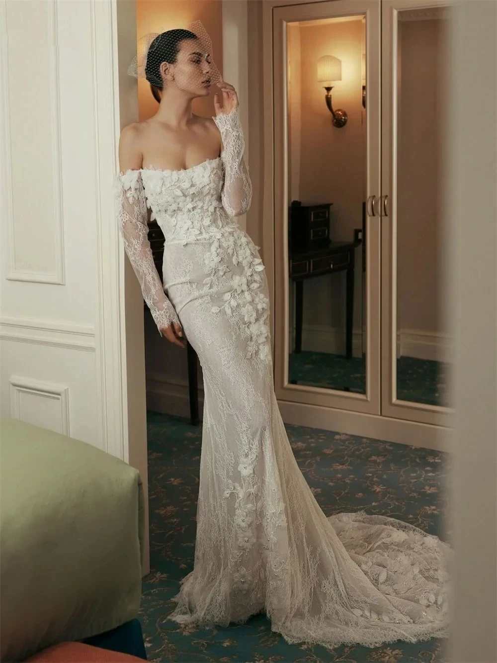 

Sexy Classic Mermaid Wedding Dress Beaded Floral Full Off Shoulder Sleeves Mermaid Long Bridal Gown for Bride Vestidos De Noiva