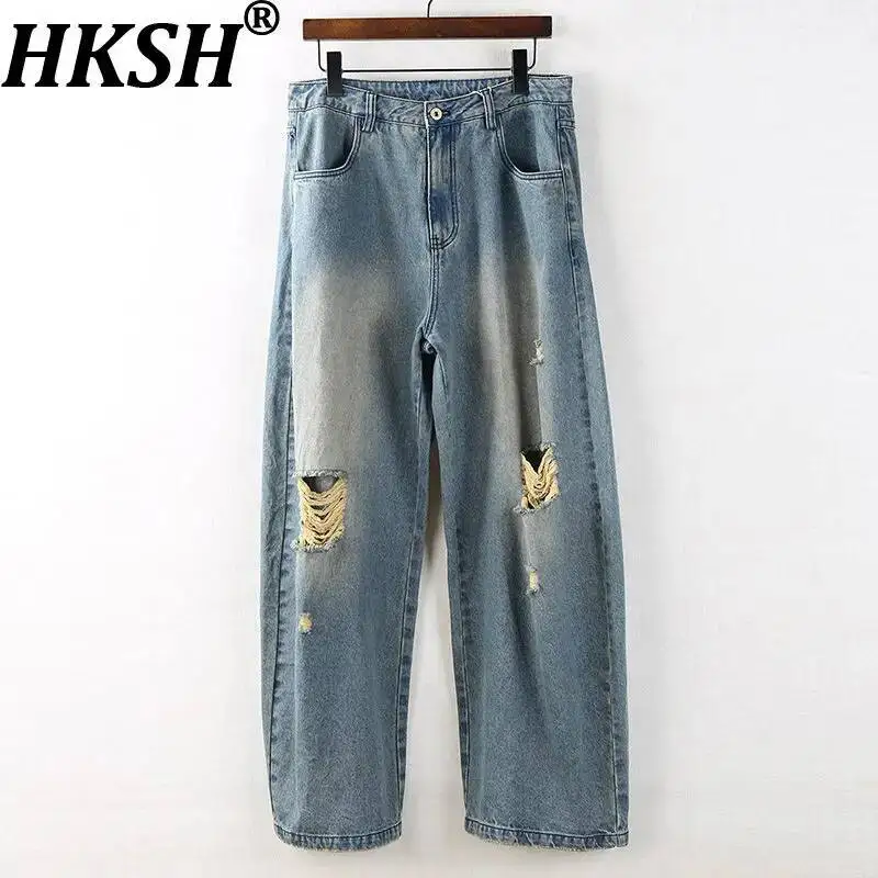 HKSH 2026 Spring New Men Tide American Retro Distressed Design Wide-Leg Jeans Loose Casual Floor-Length Denim Pants Chic HK22139