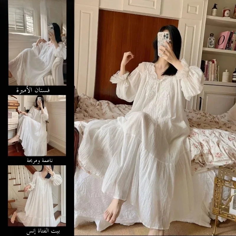 

Princ Sle Spwear, женская длинная ночная рубашка миди све с кружевной отделкой, домашняя одежда, трикотажная хлопковая ткань с V-образным вырезом и пуговицами спереди