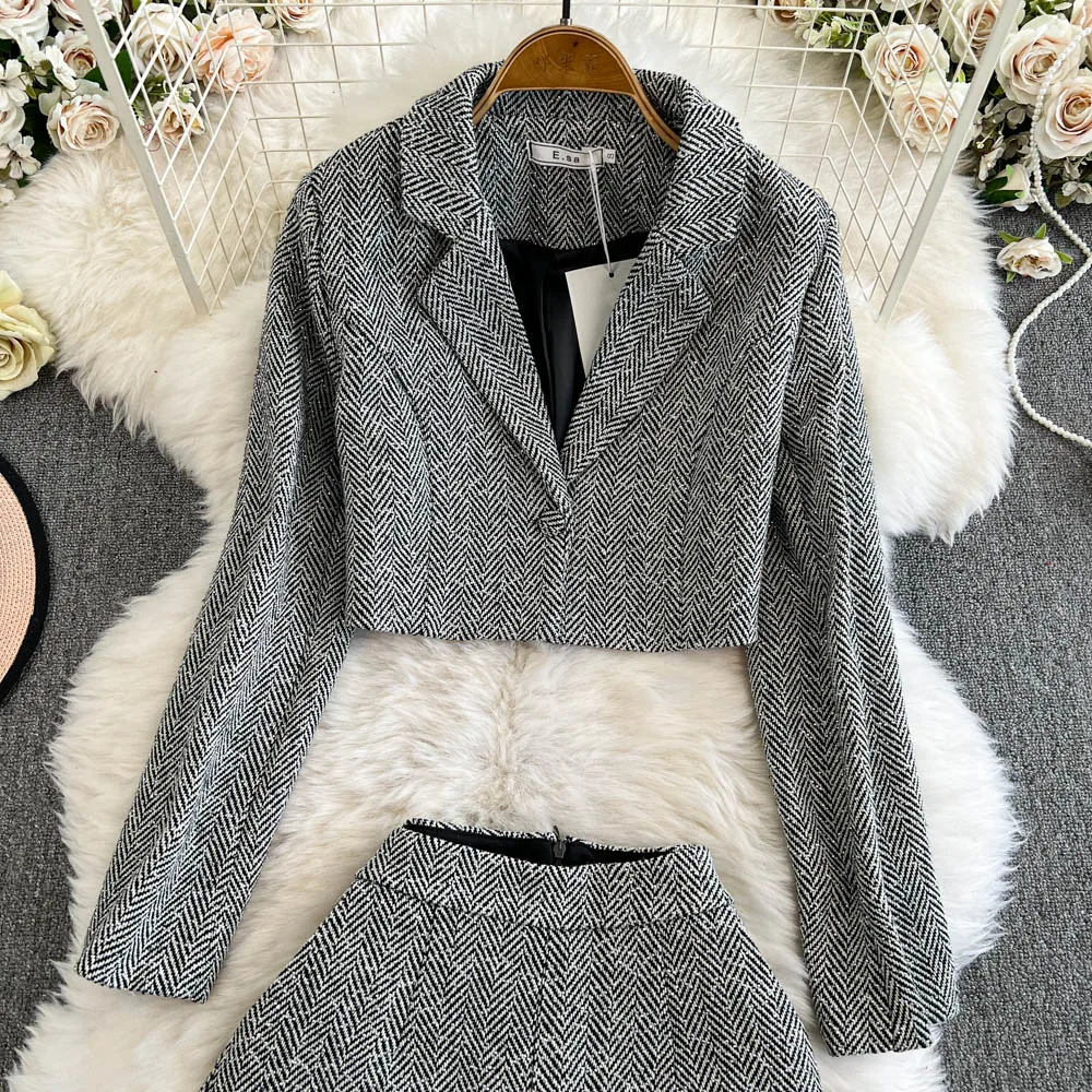 Vintage Fall Elegant Women Grey 2 Pieces Suits Slim Short Woolen Blazer Jacket&Mini Pants Fashion Chic Two Pieces Shorts Sets