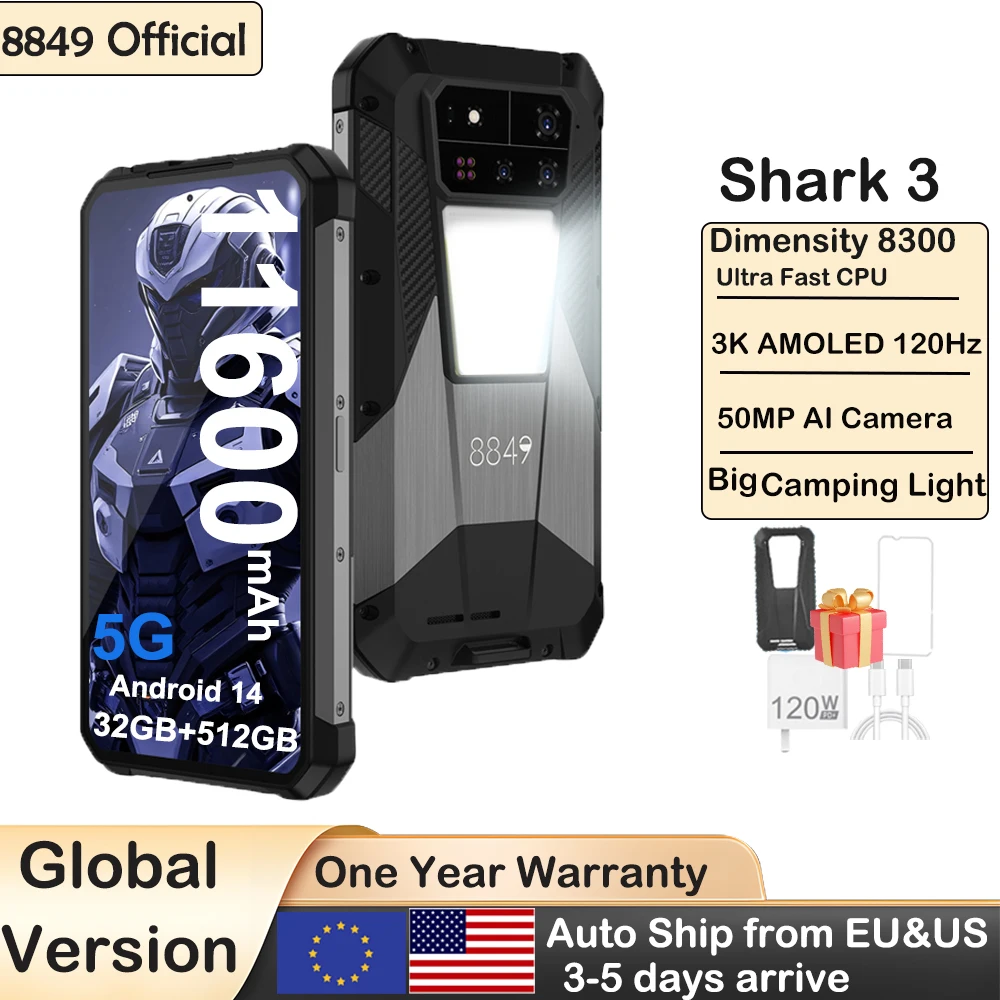 Прочный смартфон 8849 SHARK 3 от Unihertz, Android 14, 32 ГБ, 512 ГБ, размер 8300, 3K AMOLED-экран, 11600 мАч, ночная камера, телефон 5G