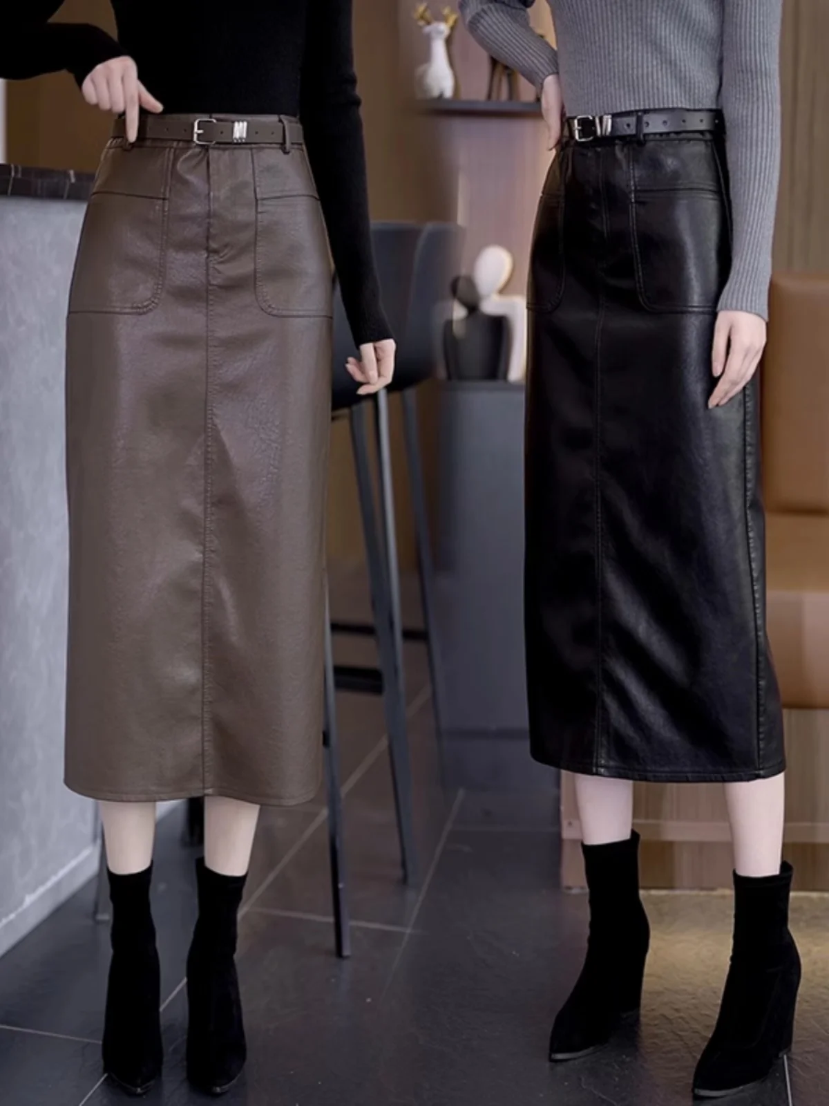 

Women's Fce Lined PU Leather Skirt High Waist A-Line Midi Skirt Slimming Open Split Commute Sle Pure Color