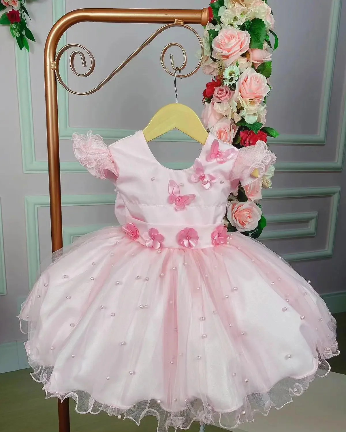 Princesa vestidos da menina de flor para o casamento luz rosa 3d borboleta arco pérola crianças vestidos de baile até o chão primeira comunhão wear