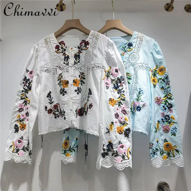 

2026 Spring French Retro Hollow Lace Embroidered Floral Long Sleeve Round Neck Single-Breasted Versatile Casual Women's Shirts