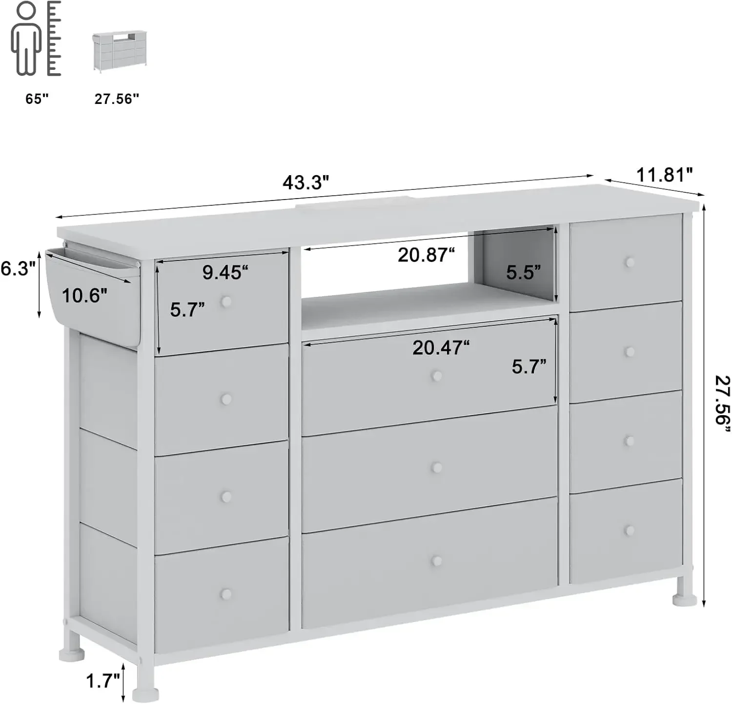 Nordic Nordic luxury Minimalist White Dresser With Led Lights And Power Outlets, With 11 Drawers and Chests For Bedroom