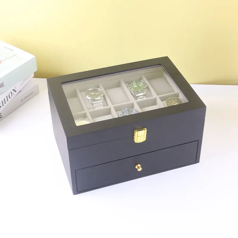 1PC 20Slot Watch Organizer Case Watch Case with Glass Lid 2 Layers Lockable Watch Display Case Black Paint Gray