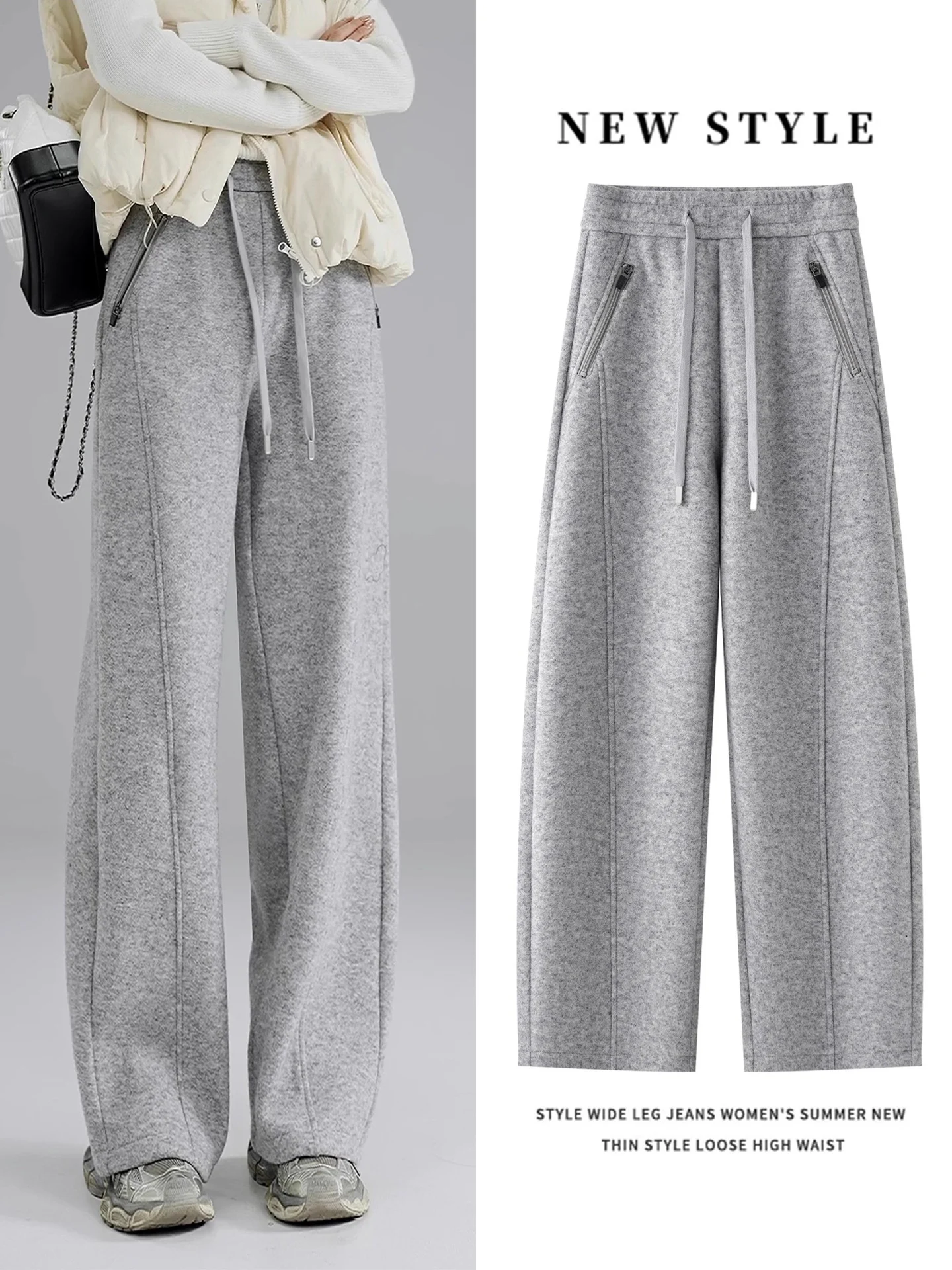 

High Waist Wool Wide Leg Knife Pants Women's Autumn Winter New Loose Fleece Casual Sports Banana Pants Comfortable Breathable