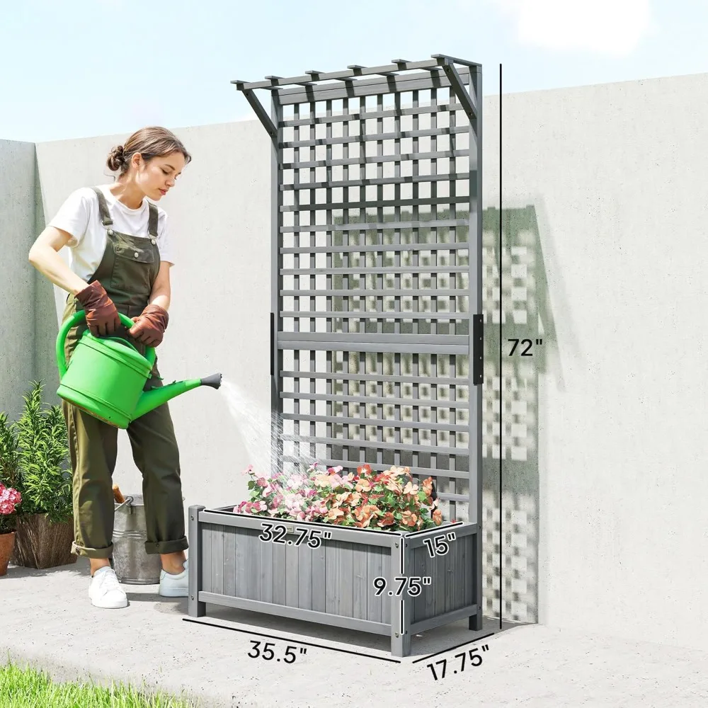 

Wood Planter with Trellis, Raised Garden Bed for Climbing Plants w/Drainage Holes and Roof, 35.5" x 17.75" x 72", Customized