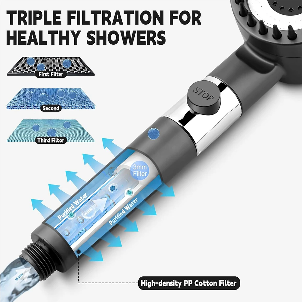 4 Modes Handheld Shower Head with Massage Brush Cotton Filters One-click Stop Water Saving High Pressure Showerhead for Bathroom